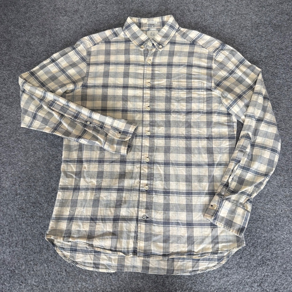 Taylor Stitch Mens 40 Plaid Button Down Shirt Cream Blue Cotton Medium Casual